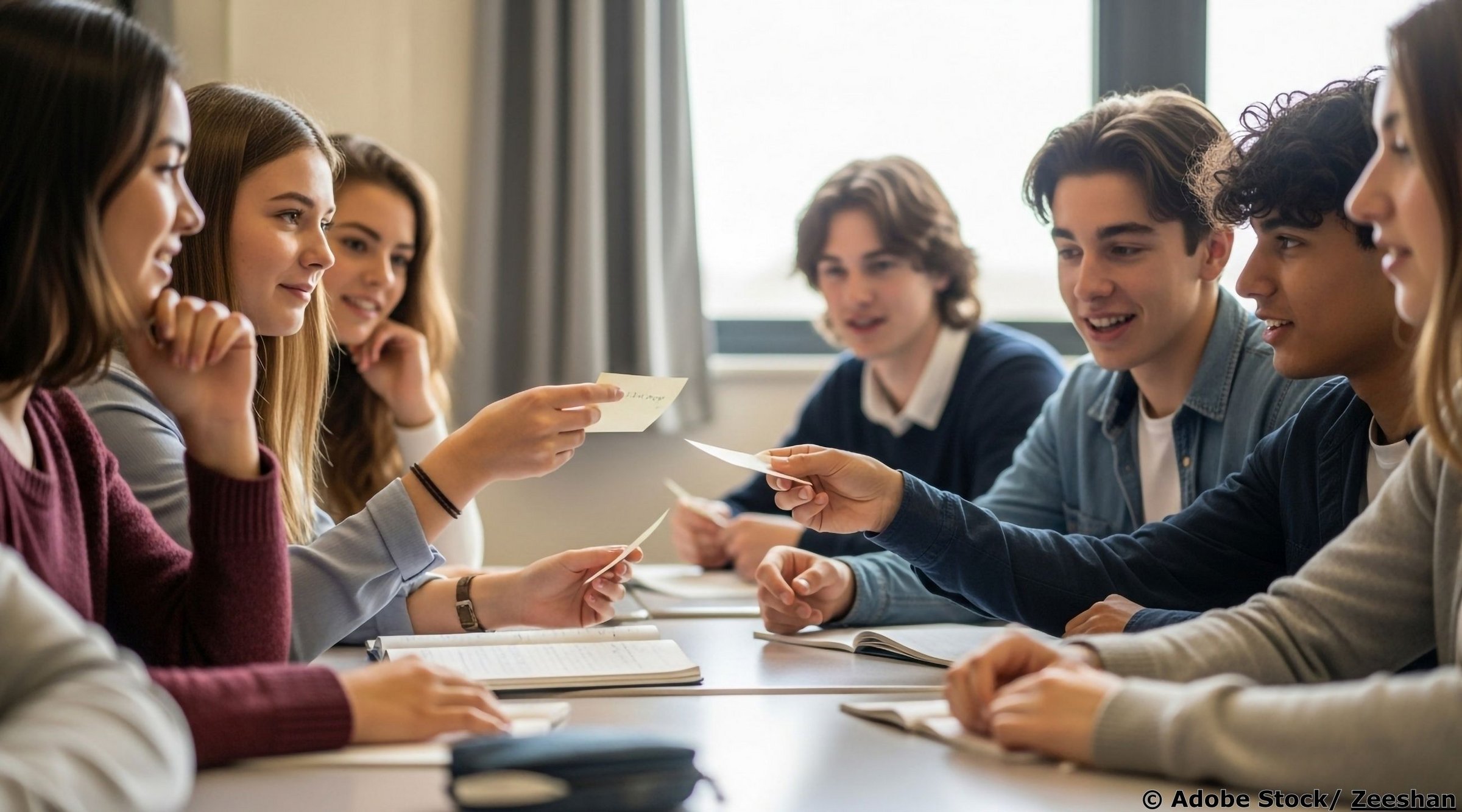 Eine Gruppe von Oberstufenschülern sitzt in einem Klassenraum und diskutiert.