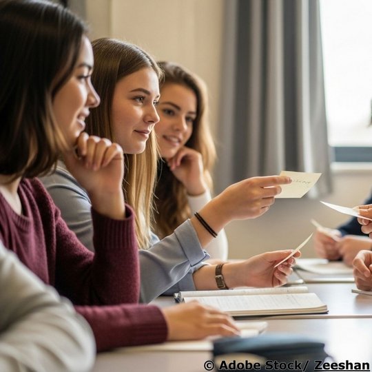 Eine Gruppe von Oberstufenschülern sitzt in einem Klassenraum und diskutiert.