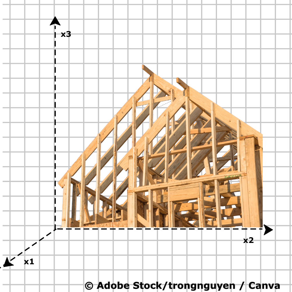 Dachkonstruktion im Rohbau mit sichtbaren Holzsparren und Giebelform vor blauem Himmel mit Wolken.