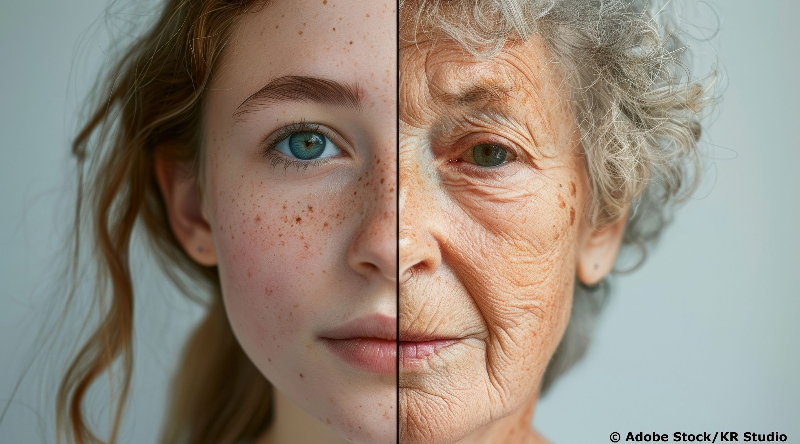 Gesichtshälften einer jungen und einer älteren Frau nebeneinander – Symbol für verschiedene Generationen