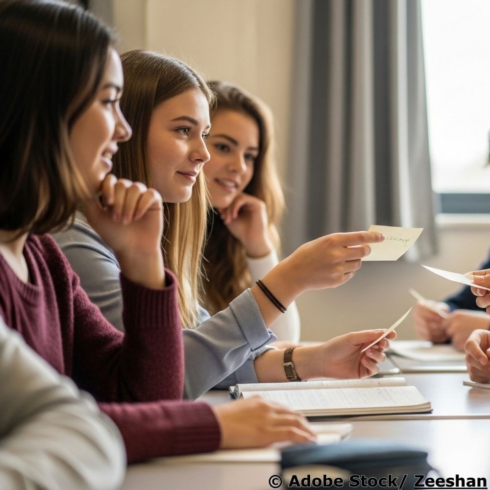 Eine Gruppe von Oberstufenschülern sitzt in einem Klassenraum und diskutiert.