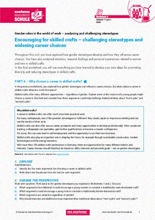 Encouraging for skilled crafts – challenging stereotypes and widening career choices Encouraging for skilled crafts – challenging stereotypes and widening career choices