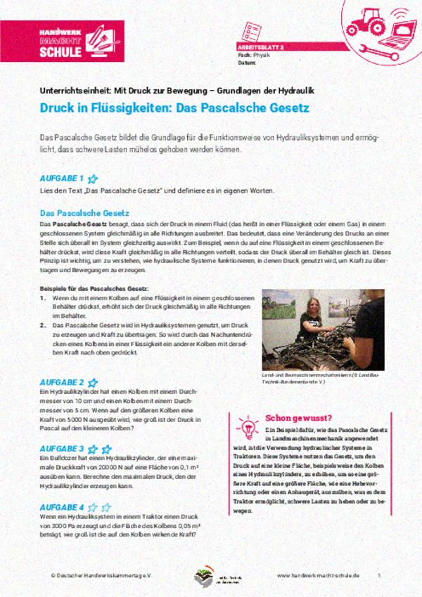 Druck in Flüssigkeiten: Das Pascalsche Gesetz Druck in Flüssigkeiten: Das Pascalsche Gesetz