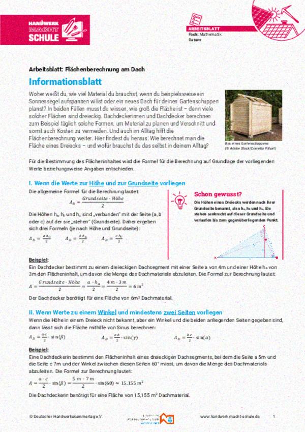 Ergänzendes Arbeitsblatt: Flächenberechnung am Dach