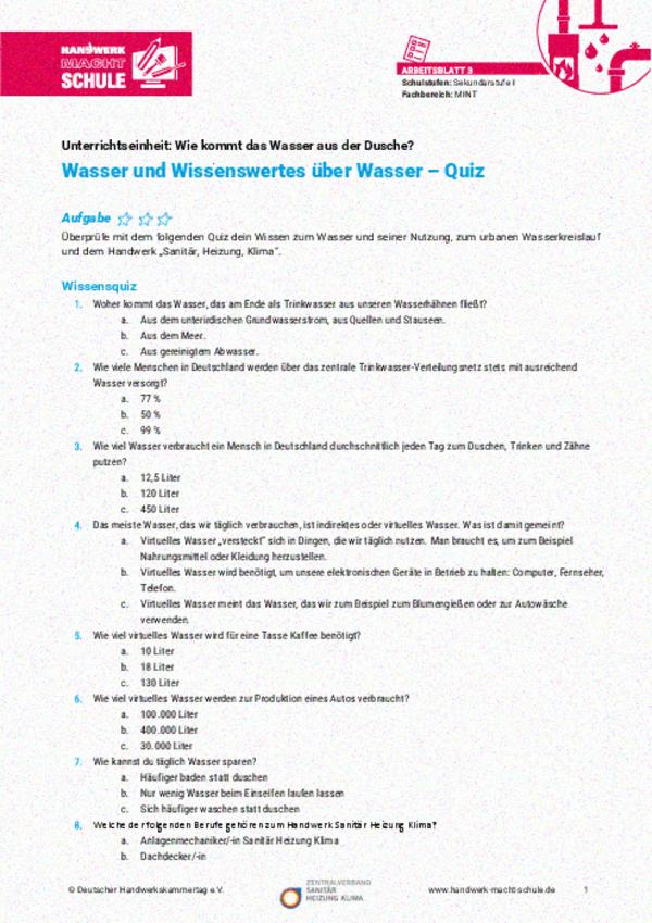 Wasser und Wissenswertes über Wasser – Quiz
